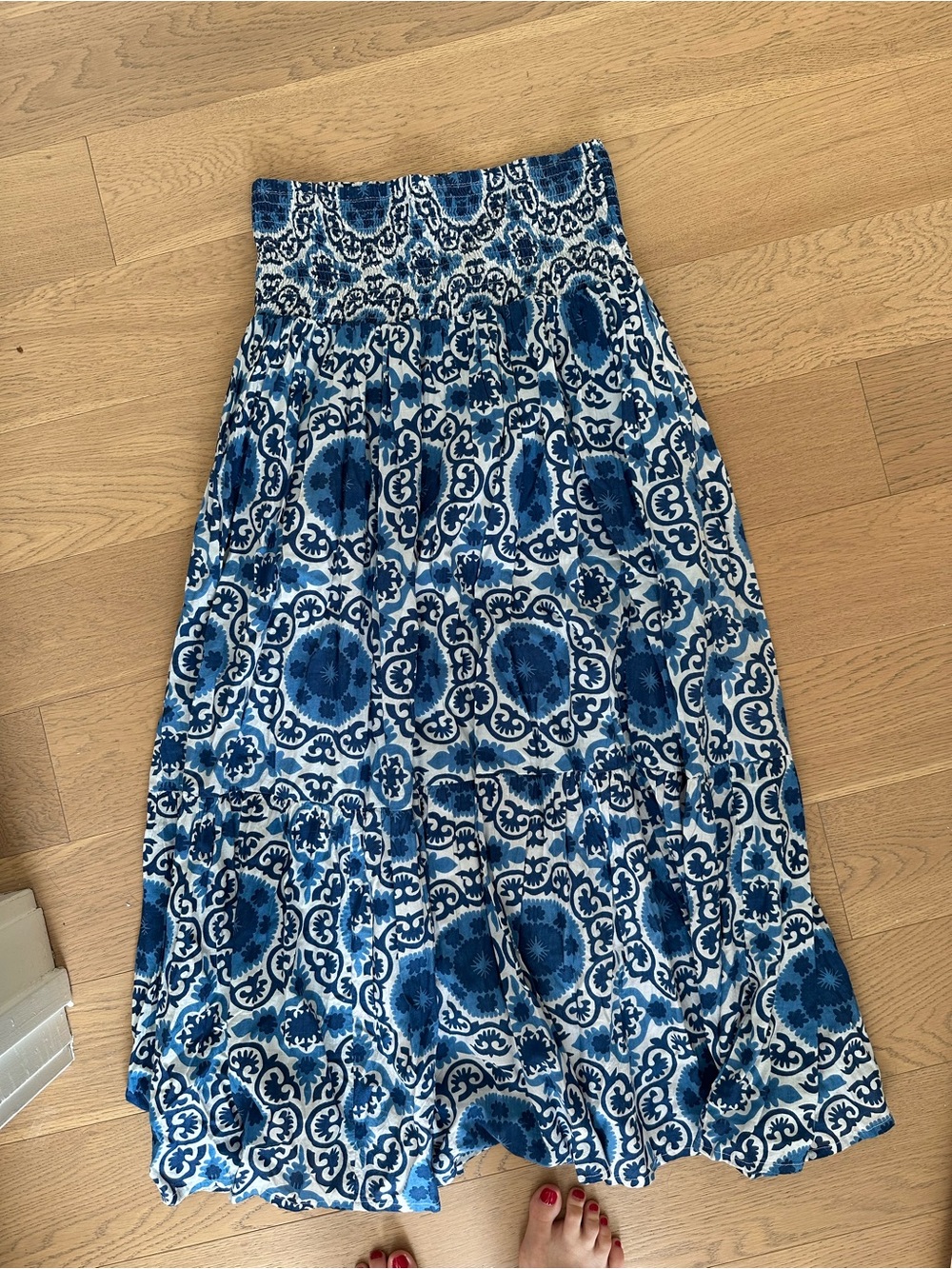 Chakeris Blue Patterned Women’s Smocked Maxi Skirt - Small